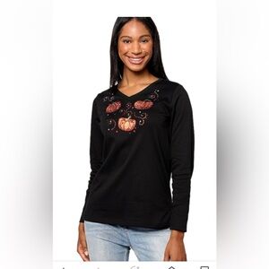 Quacker Factory Halloween Pumpkin Embellished Top Black Size XL